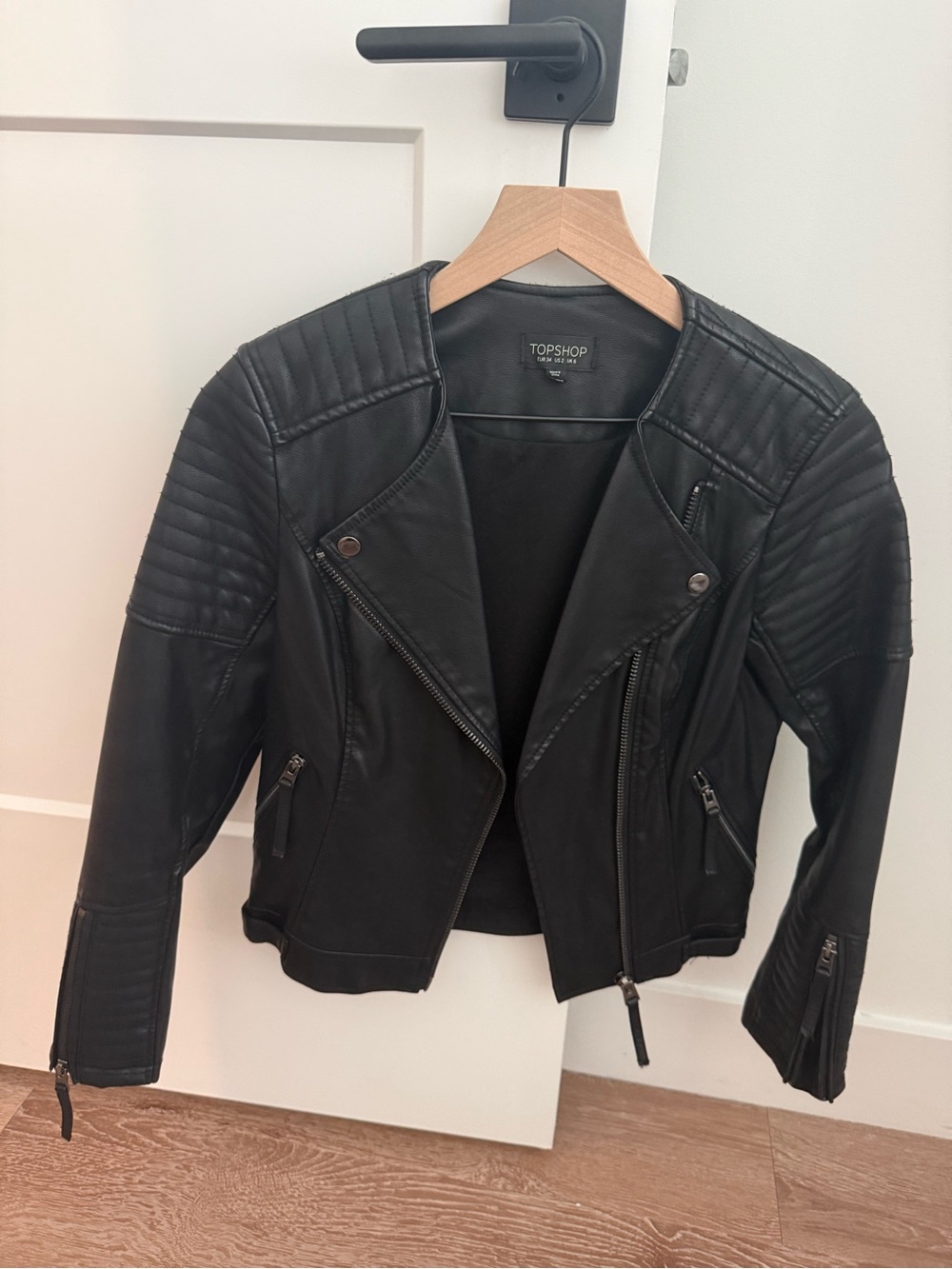 Topshop Black Quilted-Panel Faux Leather Moto Jacket